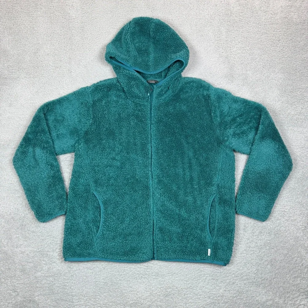 Eddie Bauer Womens XL Teal‎ Green Full Zip Sherpa Fleece Hoodie Jacket Pockets